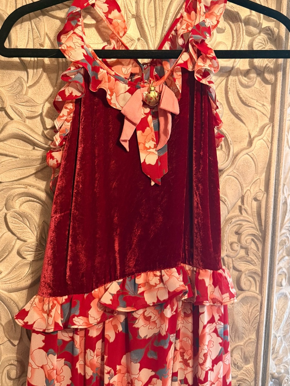 Red Velvet and Floral Ruffle Dress